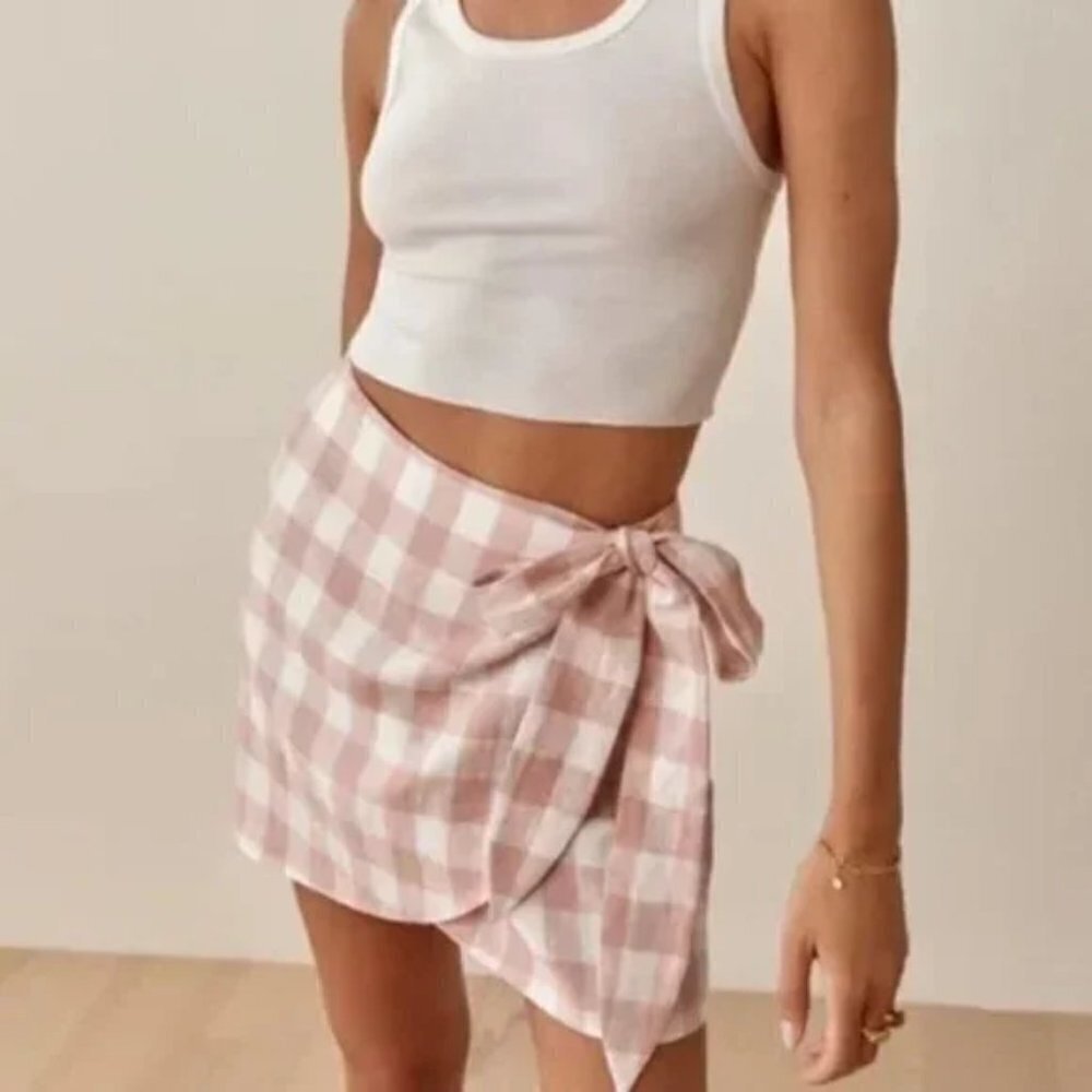 Reformation Side Tie Check Linen Wrap Mini Skirt Size M - Picture 3 of 9